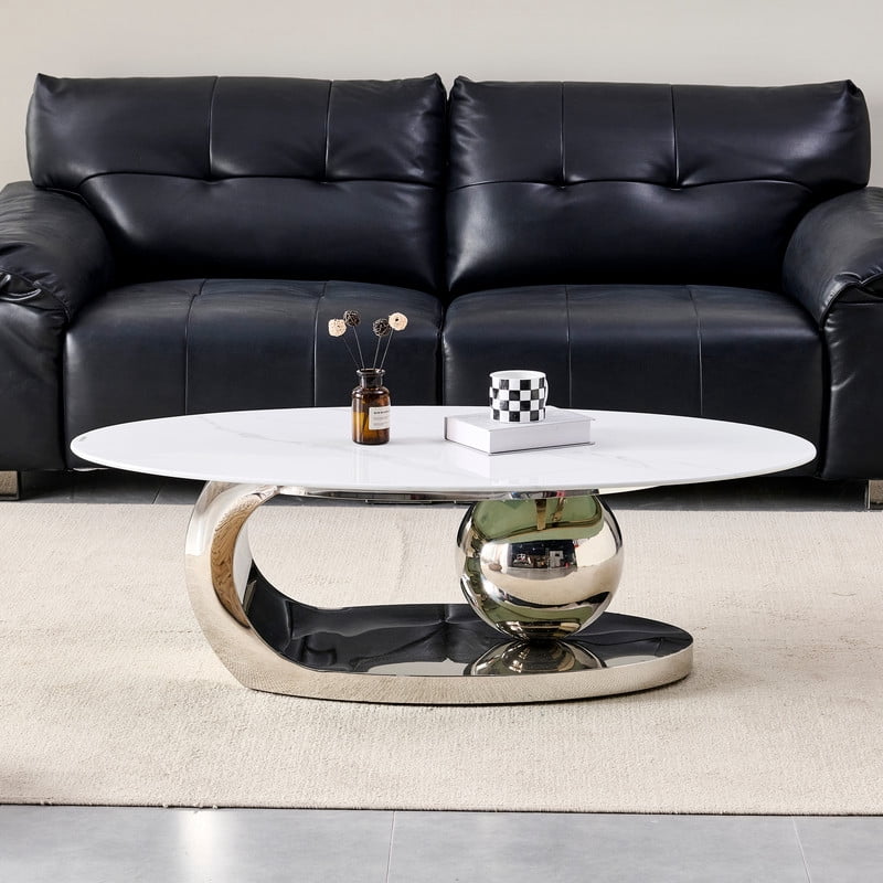 51.2-Inch Oval Faux Marble Top Center Coffee Table, Living Room End Table with C-Shaped Stainless Steel Base