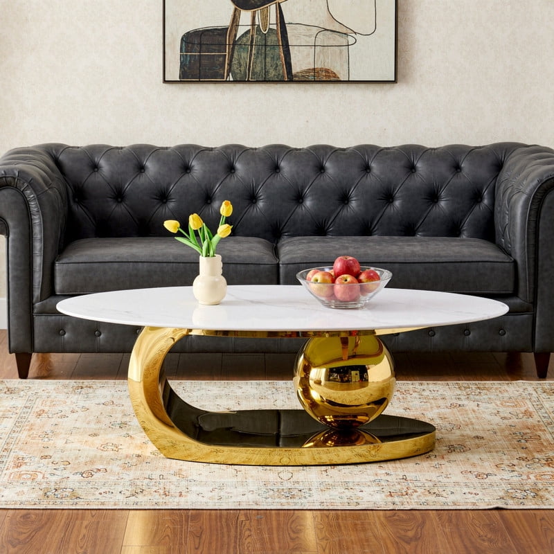 51.2-Inch Oval Faux Marble Top Center Coffee Table, Living Room End Table with C-Shaped Stainless Steel Base