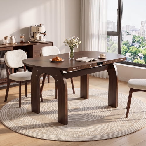 51.2-Inch Solid Wood Extendable Dining Table with Drop Leaf, Oval to Round Convertible Table with Sturdy Arch-Shaped Legs, Space-Saving Farmhouse Kitchen Table for Small Spaces, Walnut