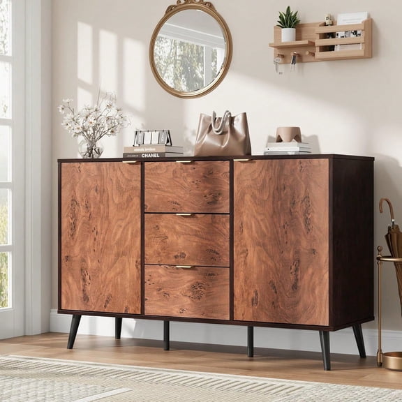 51.2" Large Buffet Sideboard Credenza with Drawers & Shelves, Metal Handle Coffee Station Cabinet, Robot Vacuum Friendly Storage Console for Home, Walnut + Burgundy