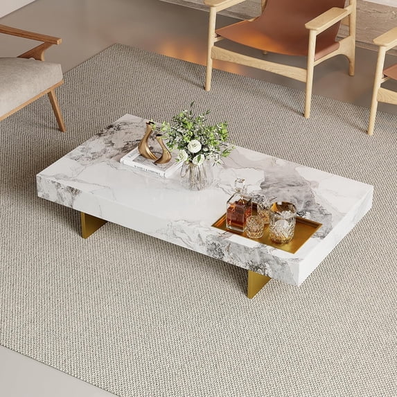 51.2" Modern Coffee Table for Living Room, Rectangle Living Room Table Sintered Stone Tabletop with Gold Stainless Steel Legs, Center Table for Home Office