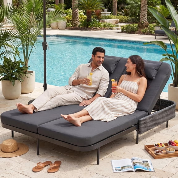 51.2" Outdoor Loveseat Sofa Bed, PE Wicker Patio Daybed with 2-Person Double Chaise Lounge, Independent 5-Position Adjustable Backrest & 800lbs Capacity, All-Weather Poolside Furniture