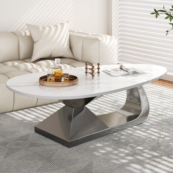 51.2" Oval Coffee Table,Modern Sintered Stone Tabletop Coffee Table with Grey Stainless Steel Base - Elegant and Durable Living Room Centerpiece