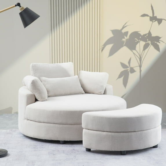 51.2" Oversized Accent Barrel Chair with Storage Ottoman and 4 Pillows, Linen Upholstery Barrel Chair Armchair, Leisure Club Chair Cozy Round Sofa Chair for Home Apartment Hotel Living Room, Beige