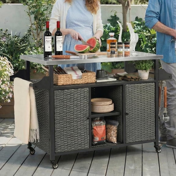 51.2" Patio Bar Cart with Storage Cabinet and Rolling Wheels, Outdoor Grill Prep Table with Wicker Cabinet, Kitchen Buffet Cabinet with Island, Grey
