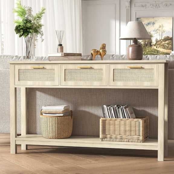 51.2" Rattan Console Tables with 3 Drawers & Shelf, Entryway Table with Storage, Hallway Table for Entry Way, Narrow Long Boho Sofa Table Behind Couch, Entrance Entry Living Room,