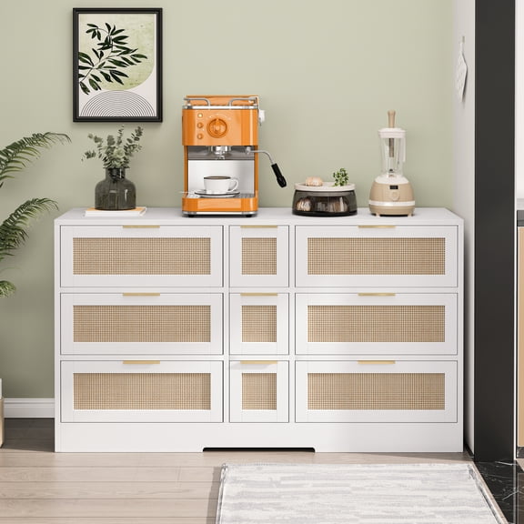 51.2" Rattan Locker in White with 9 Drawers | Enhances Home's Style in Different Rooms | MDF and Rattan Blend with Safe Assembly | Solves Clutter and Organization Issues