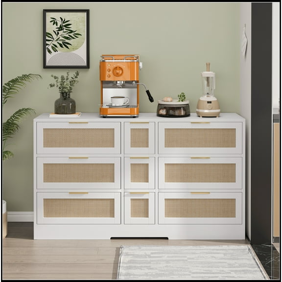 51.2 "Rattan Locker With Drawers, 9 Drawers, Metal Handles For Kitchen, Living Room, Bedroom