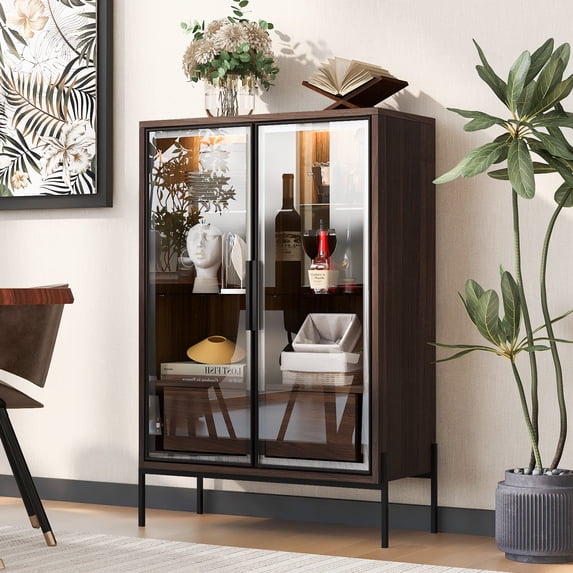 51.2" Tall LED Display Cabinet with Tempered Glass Doors & 4 Shelves, Modern Curio Cabinet with Storage Drawers, for Living Room & Office