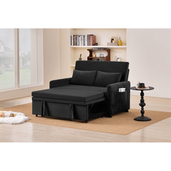 51.2" Velvet Convertible Sleeper Sofa Bed, 5-Position Adjustable Backrest Loveseat with Pull-Out Bed, Side Pocket, Multi-Functional 2-Seater Couch for Living Room, Apartment, Small Space