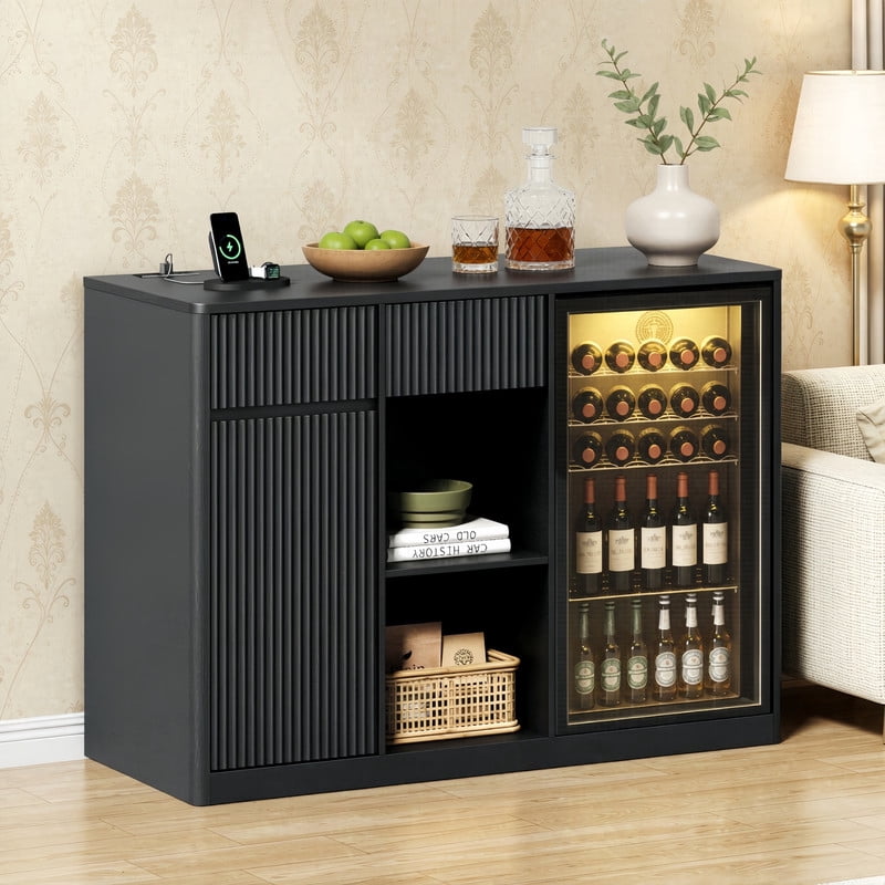 51.2"W Fluted-Door Kitchen Sideboard Buffet with Mini Fridge Nook, Freestanding Bar Wine Storage Cabinet with Charging Station