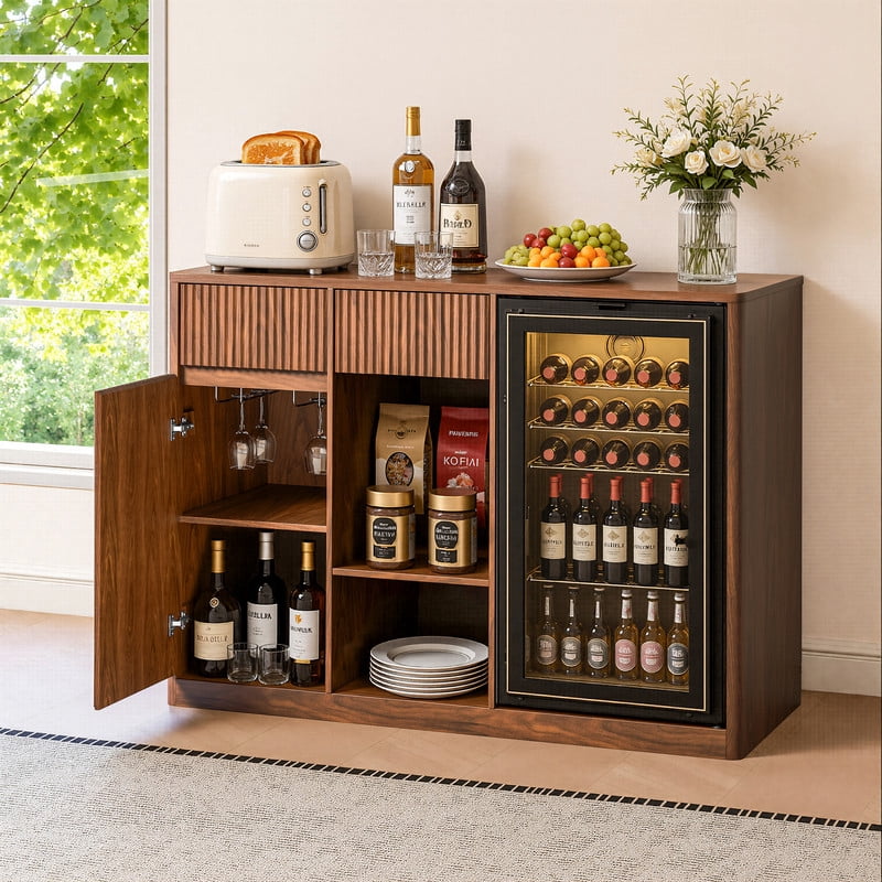 51.2"W Fluted-Door Kitchen Sideboard Buffet with Mini Fridge Nook, Freestanding Bar Wine Storage Cabinet with Charging Station