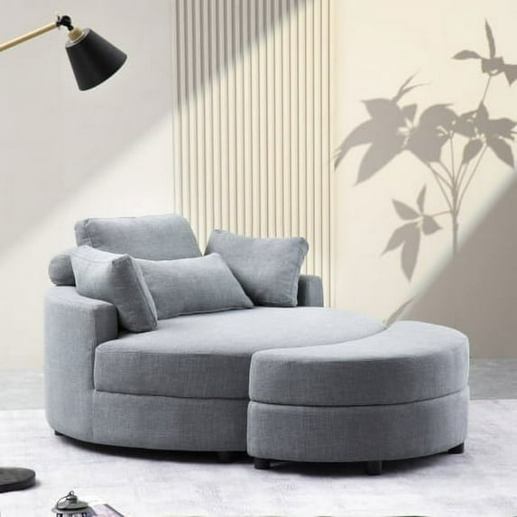 51.2" W Large round chair with storage linen fabric for living room hotel with cushions, Round Loveseat Circle Swivel Barrel Chairs Fabric