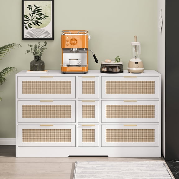 51.2" White Rattan Locker with 9 Drawers and Smooth Tracks / Effortless Storage for Home