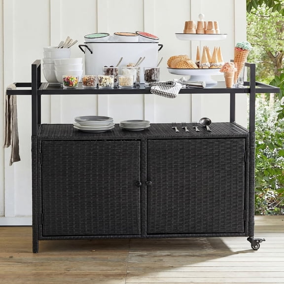 51.2" Wicker Outdoor Bar Cart - Black Patio Console Storage Table Buffet Cabinet Serving Kitchen Cart with Wheels for Outside Backyard