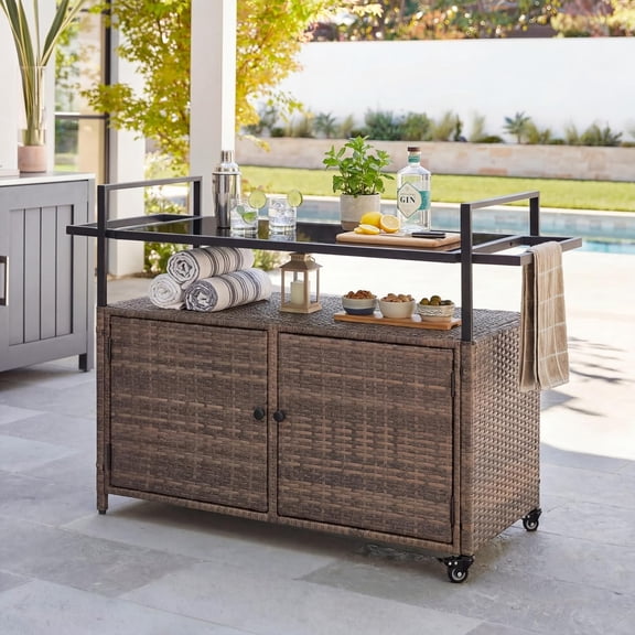 51.2" Wicker Outdoor Bar Cart - Brown Patio Console Storage Table Buffet Cabinet Serving Kitchen Cart with Wheels for Outside Backyard