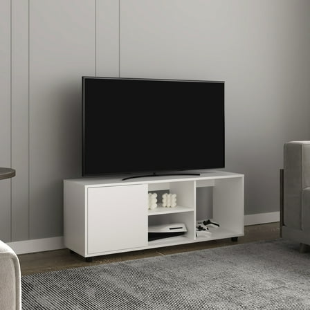 51.2" Wide Tv Stand In White, Accommodates Up To 53" Tvs With Shelf And Cabinet 50 - 59 Inches Four Open Shelves One Hidden Cabinetry