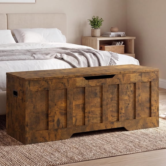 51.2" Wooden Storage Bench with Safety Hinges, 400 lb Capacity Storage Chest with Side Handles for Entryway, Bedroom and Living Room, Brown