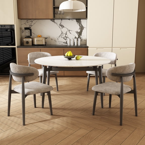 51.2-inch extendable White sintered Stone Round Dining Table, Suitable for 4-6 People, Modern Round Dining Table, Suitable for Restaurants, Kitchens, and Living Rooms, Apartments (1 Table + 4 Chairs)