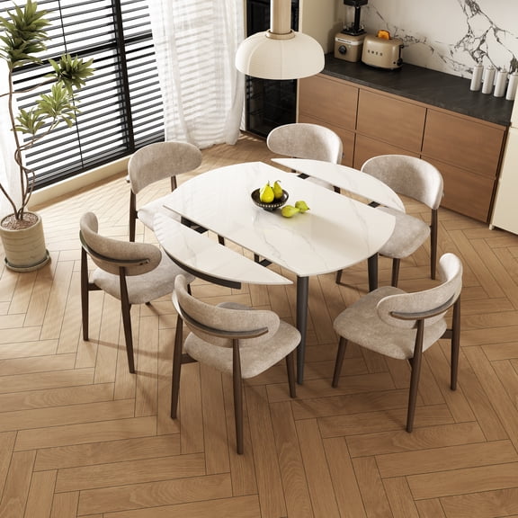 51.2-inch extendable White sintered Stone Round Dining Table, Suitable for 4-6 People, Modern Round Dining Table, Suitable for Restaurants, Kitchens, and Living Rooms, Apartments (1 Table+6Chairs)