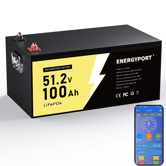 51.2V 100AH Lithium LiFePO4 Battery, Built-in 100A BMS, with Touchable Smart Display & Mobile APP, Max. 5.12KW Power Output, 5000+ Cycles, Perfect for Solar System &Off-Grid Applications