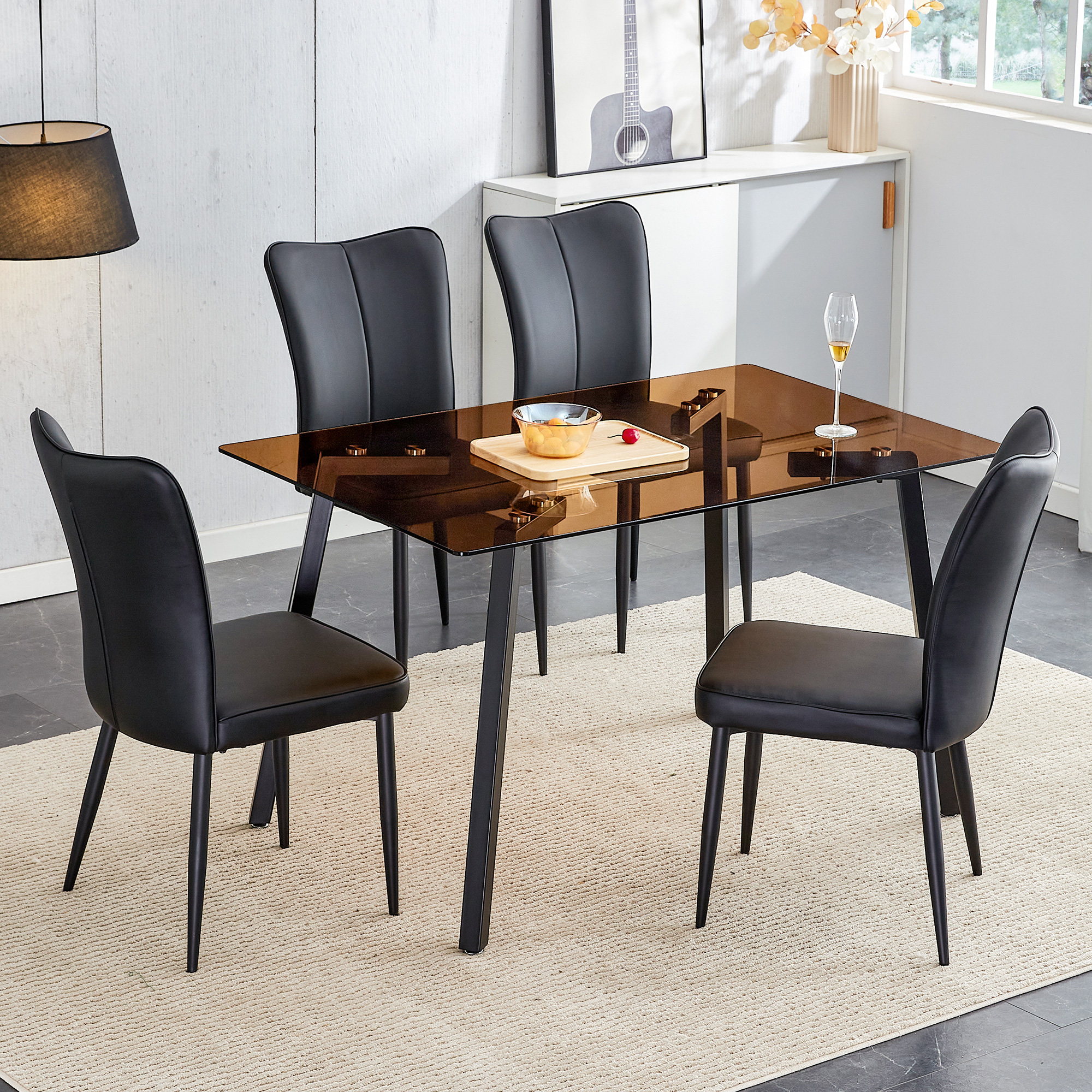 51"* 31.5" Rectangular Tea Brown Glass Dining Table with 4 Black PU ...