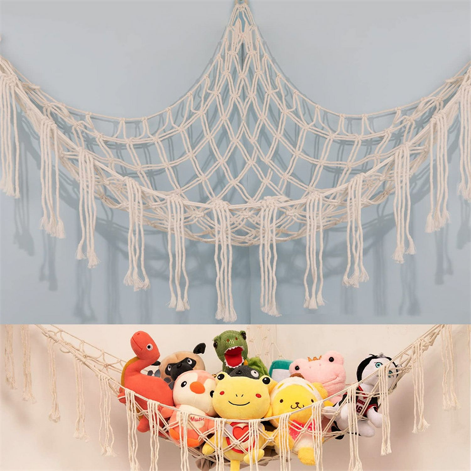 51"×39"×39" toy hammock mesh hammock plush toy organizer with tassels