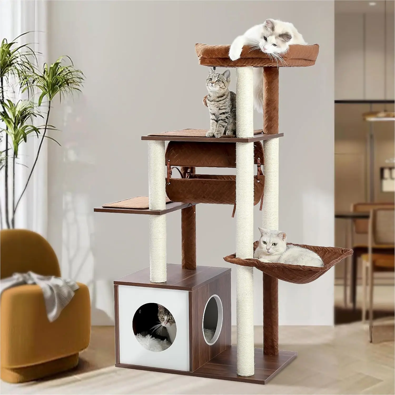 51.4 Inches Modern Cat Tree Premium 6 Levels Wooden Cat Tower with ...