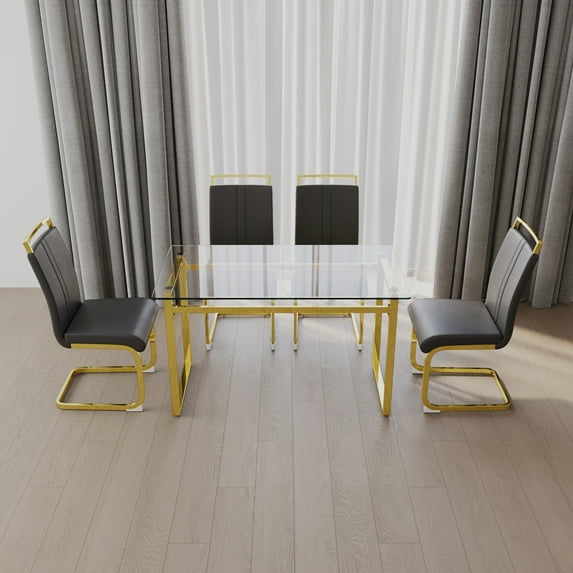 51" 4-Person Glass Dining Set: Gold-Plated Leg Table & Chairs, Modern Rectangular Tempered Glass Top, Armless PU Dining Chairs, for Kitchen/Dining Room