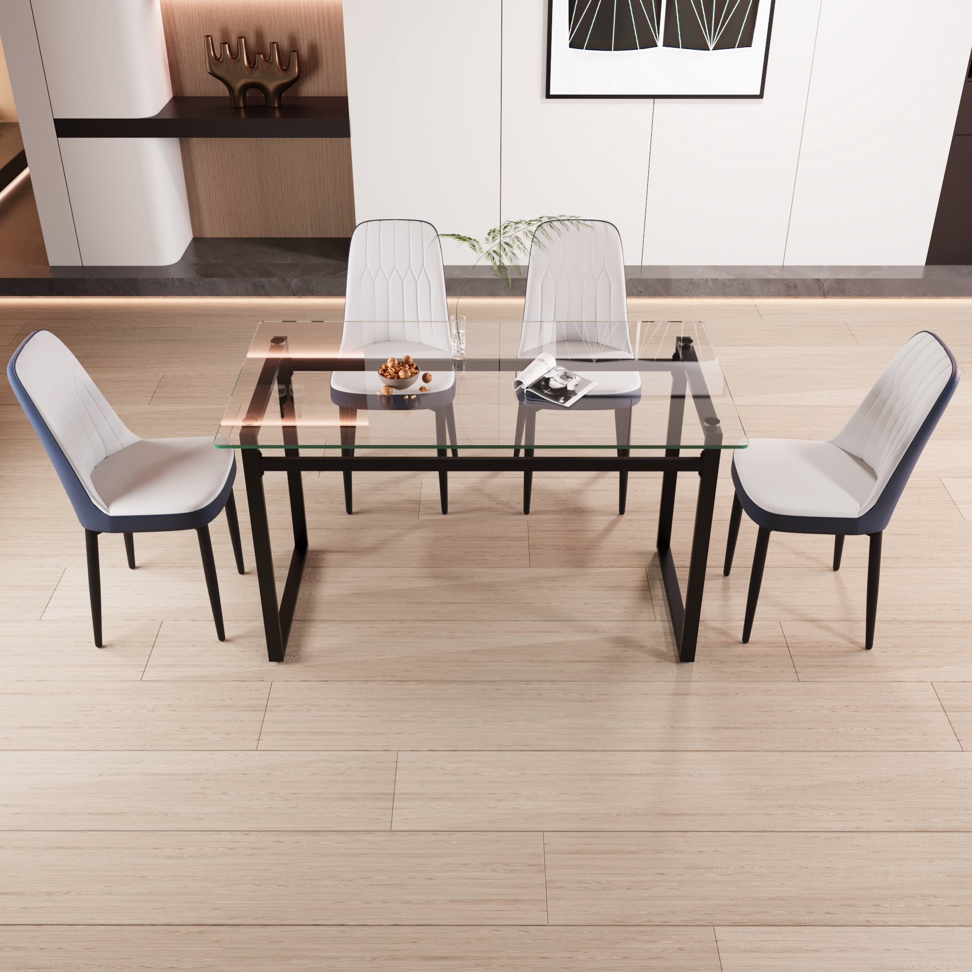 51" 4 person glass dining table set, kitchen set with black metal leg ...