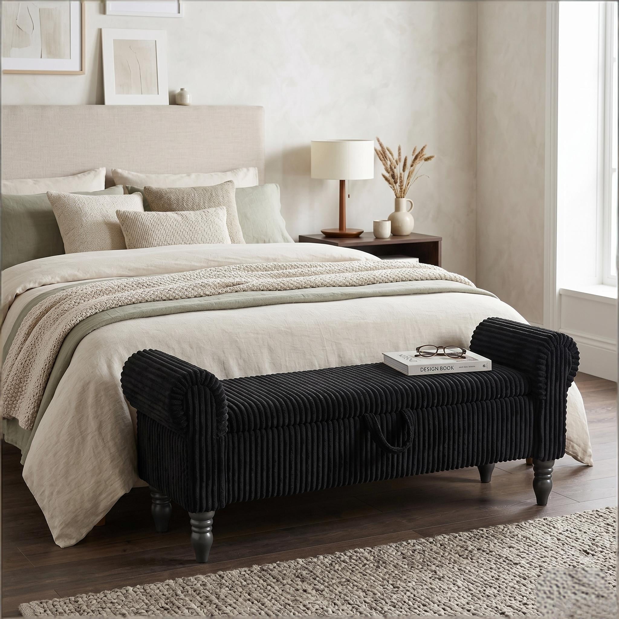 51.5" Corduroy Storage Ottoman Bench, Upholstered End of Bed Bench for Bedroom Living Room Entryway Window Seat（Black）