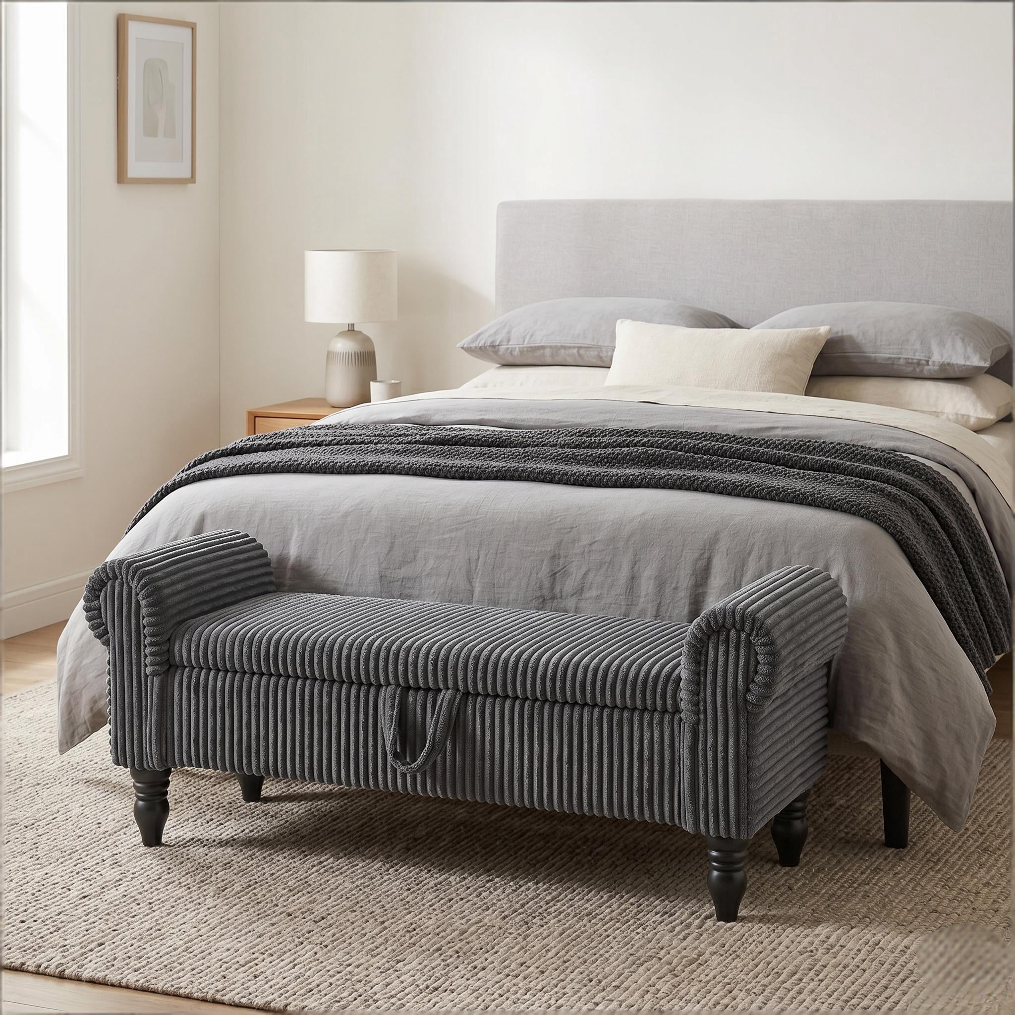 51.5" Corduroy Storage Ottoman Bench, Upholstered End of Bed Bench for Bedroom Living Room Entryway Window Seat（Dark Grey）