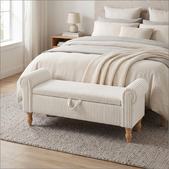 51.5" Corduroy Storage Ottoman Bench, Upholstered End of Bed Bench for Bedroom Living Room Entryway Window Seat(White)