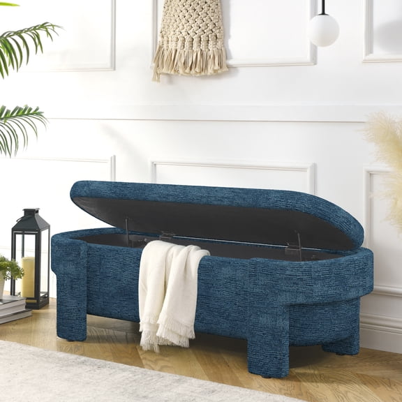 51.5-Inch Oval Storage Ottoman Bench with Hidden Shoe/Toy Compartment & Safety Hinges, Mid-Century Modern Design, Pre-Assembled Dark Blue Ottoman for Living Room & Bedroom Storage Solution