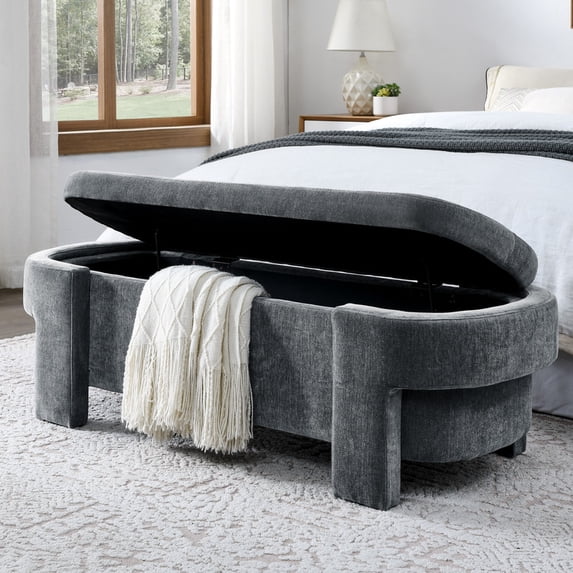 51.5" Large Storage Ottoman Bench for Bedroom, Upholstered Linen End of Bed Bench with Hidden Storage, 250 lbs Capacity, Entryway Shoe Bench Seat, No Assembly, Gray