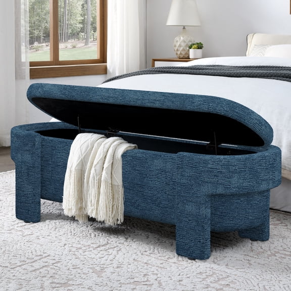51.5" Oval Ottoman Storage Bench with Large Storage Space, Linen Fabric Upholstered Bench for Living Room, Entryway, Bedroom, Hallway, Window Seating, Dark Blue
