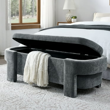51.5" Oval Storage Bench, Modern Chenille Upholstered Entryway Bench with Large Storage Space, Ottoman Bench with Turned Legs and Safety Hinge, End of Bed Bench for Living Room Bedroom, Grey