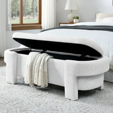 51.5" Oval Storage Bench, Modern Chenille Upholstered Entryway Bench with Large Storage Space, Ottoman Bench with Turned Legs and Safety Hinge, End of Bed Bench for Living Room Bedroom, White