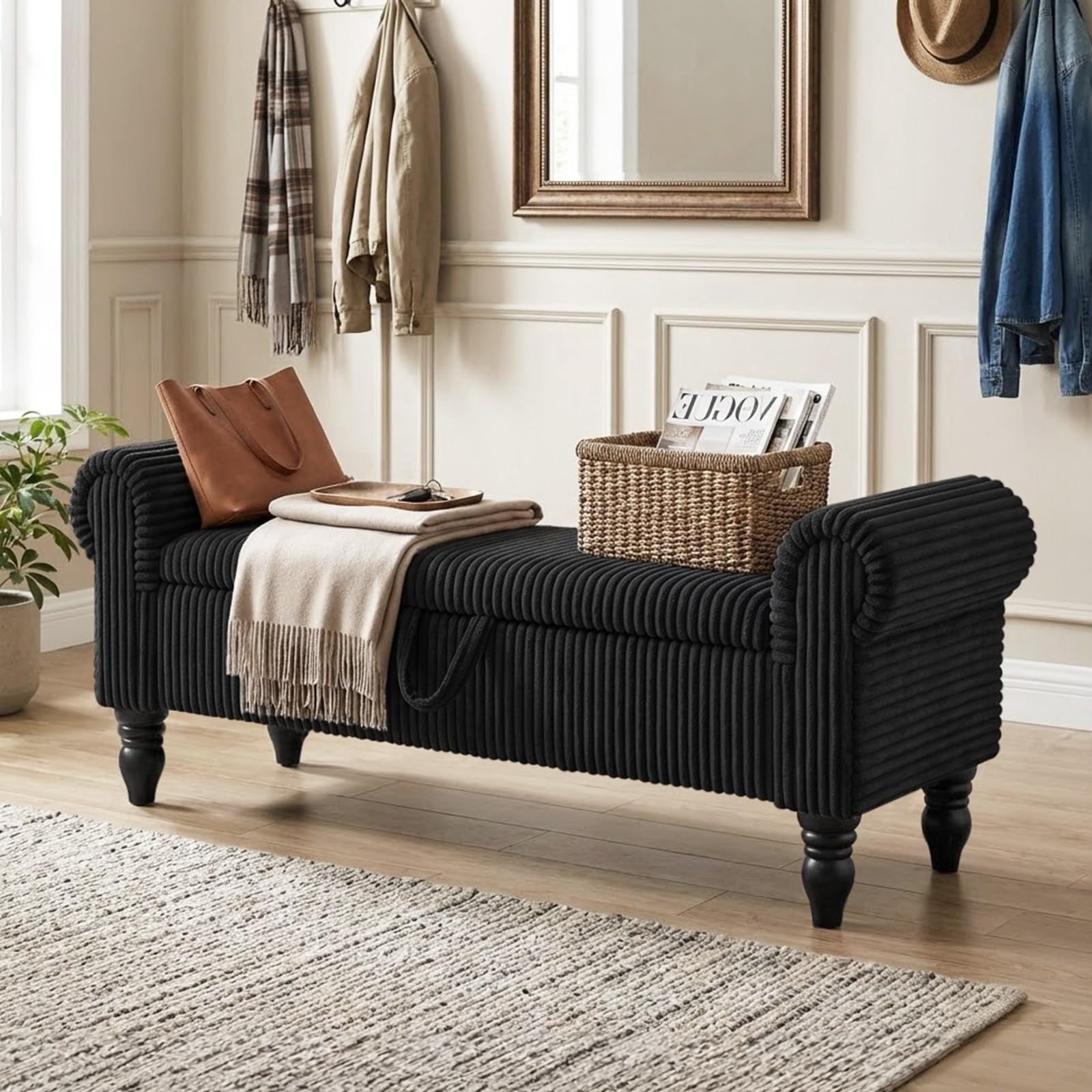 51.5" Storage Ottoman Bench, Upholstered Corduroy End of Bed Bench with Hidden Storage for Bedroom, Entryway & Living Room, Black