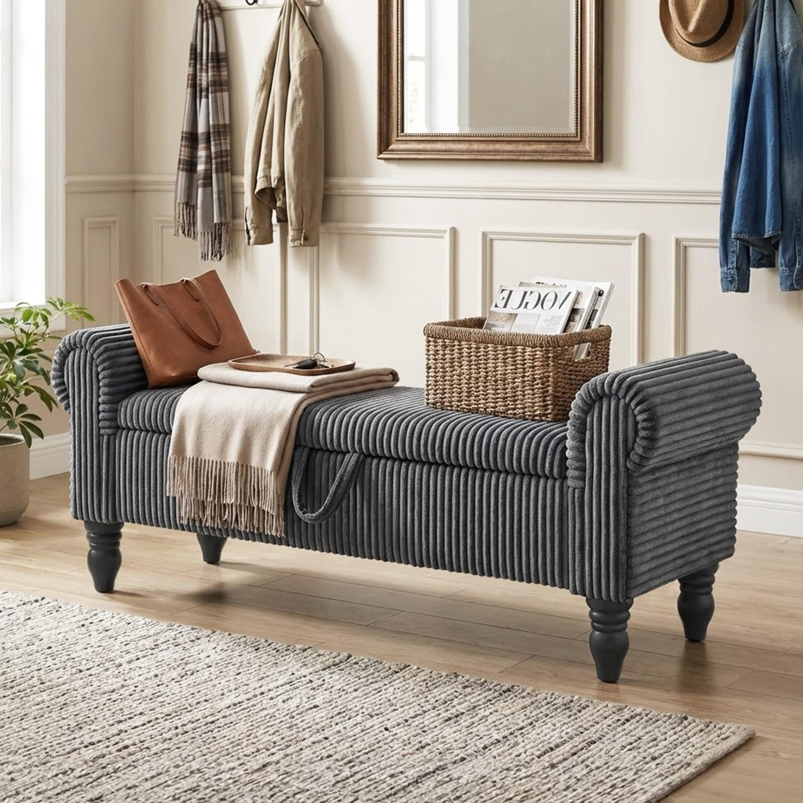 51.5" Storage Ottoman Bench, Upholstered Corduroy End of Bed Bench with Hidden Storage for Bedroom, Entryway & Living Room, Dark Gray