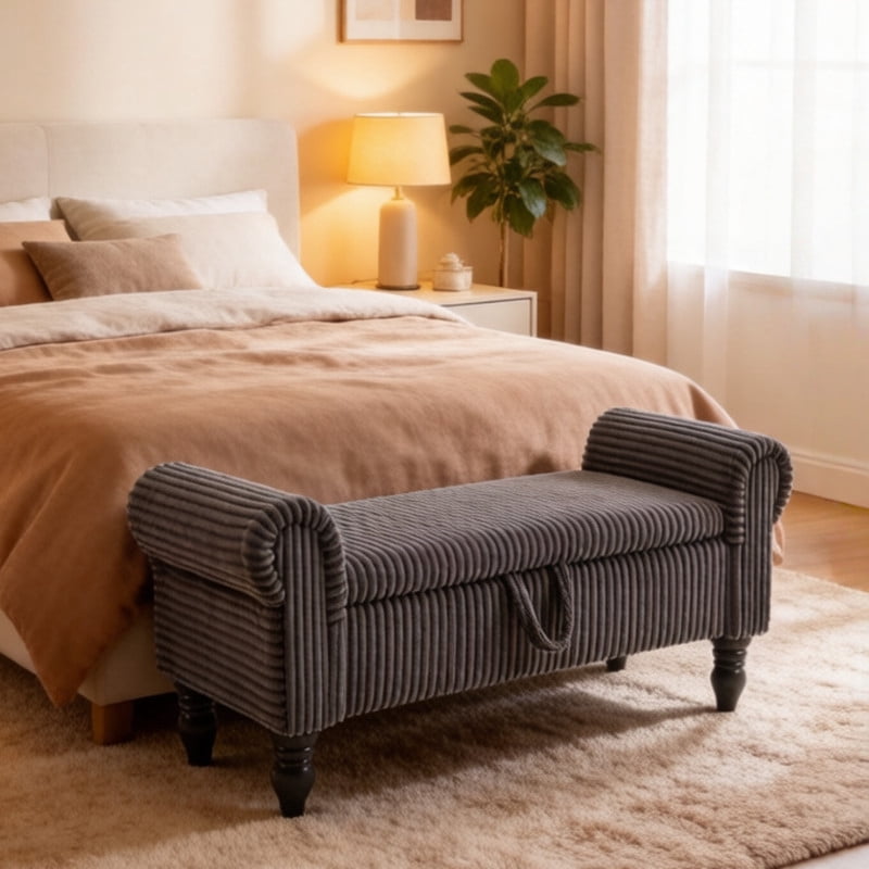 51.5'' Upholstered Corduroy Storage Ottoman Bench with Hinged Lid, Freestanding Bench Bed End Hidden Storage Footrest