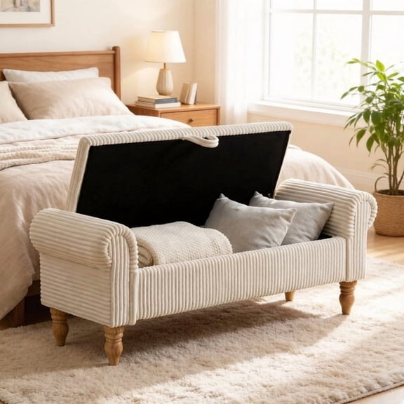 51.5'' Upholstered Storage Ottoman Bench with Hinged Lid, Freestanding Corduroy Bed End Bench, Hidden Storage Footrest