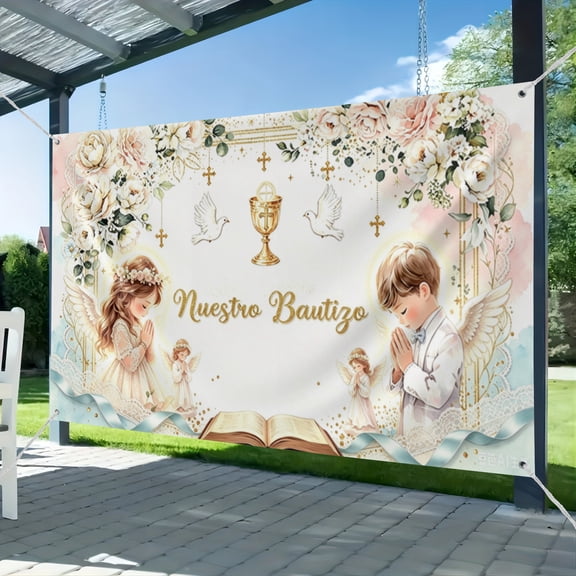 51*59IN Nuestro Bautizo Baptism Backdrop for Boy and Girl Siblings White Floral First Holy Communion Banner God Bless Christening Party Photography Background Banner Sign Photo Booth Props