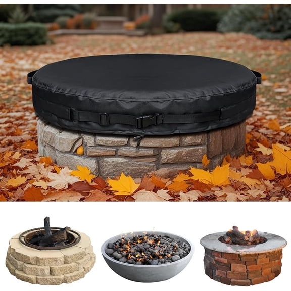 51-74.8" Round Fire Pit Cover Heavy Duty 600D Oxford Outdoor Firepit Cover with Adjustable Buckle Strap for In-Ground -In Stone/Gas Fire Pits (BLACK, 51")
