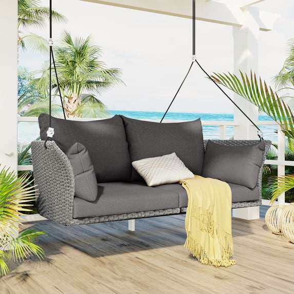 51.9" 2 Seat Patio Swing Chair, Rattan Woven Porch Swing with Adjustable Ropes, Cushion and Pillow, Wicker Outdoor Hanging Bench for Garden Yard, 500LBS Weight Capacity, Gray