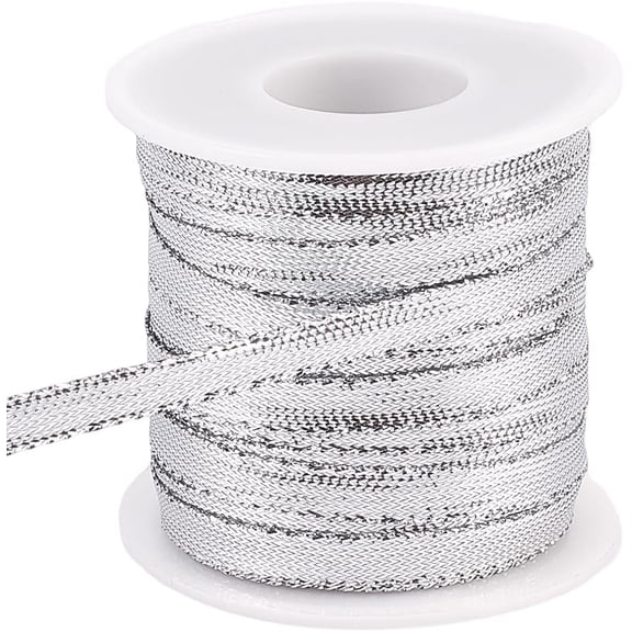 51.95 Yards 1/3 Inch Nylon Ribbon Silver Decorative Metallic Dreadlock String Craft Satin Cord Sparkly Edge Twine Glitter Woven Rope for Hair Extension Craft Sewing Embellishment Silver