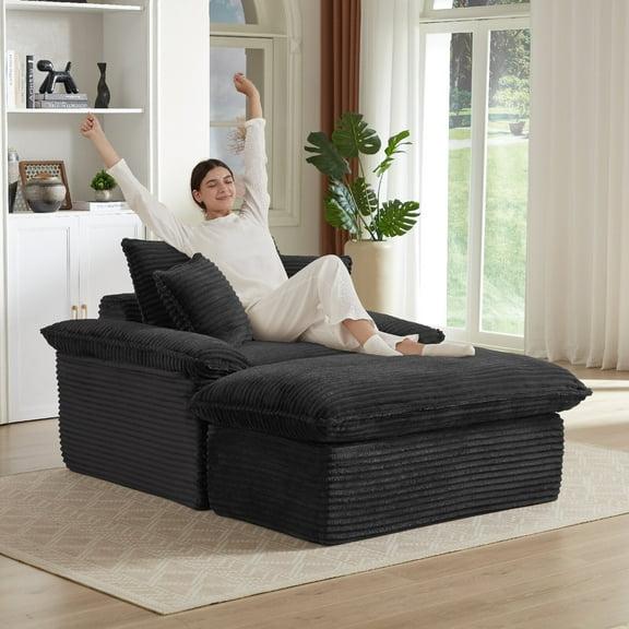 51.97" Modern Lounge Chair with Adjustable Footrest, Oversized Comfy Single Seat Modular Sofa with Foam & Spring Support, Deep Cushioned Design for Living Room, Bedroom, Apartment, Black