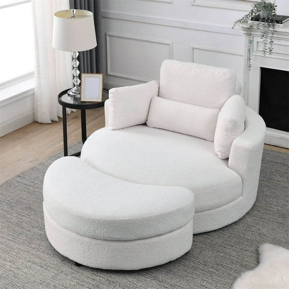 ARCTICSCORPION Modern Swivel Barrel Chair with Ottoman, Linen Fabric, 3 Pillows, White Teddy