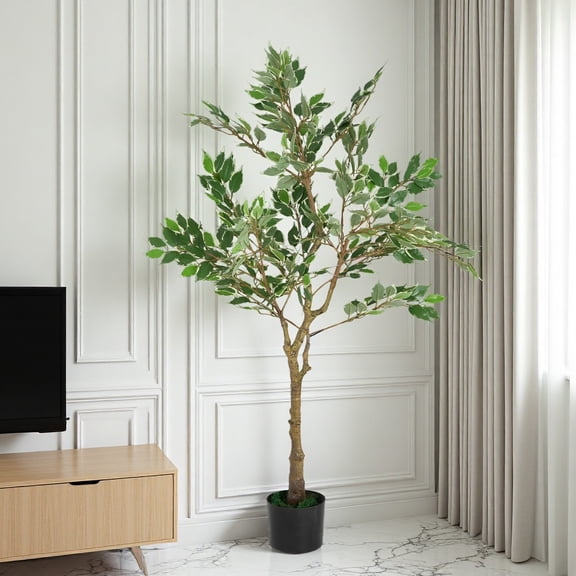 51" Artificial Ficus Tree - Faux Weeping Fig with Black Plastic Pot, Fake Indoor Tree for Home Decor, UV-Resistant Foliage