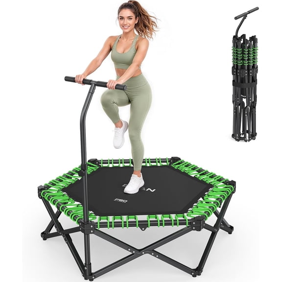 51" BT8 Fully Foldable Bungee Rebounder Trampoline for Adults with Handle, 500 lbs Capacity, Large Jumping Area, Low-Impact Mini Exercise Trampoline for Indoor Workout, Quick Setup